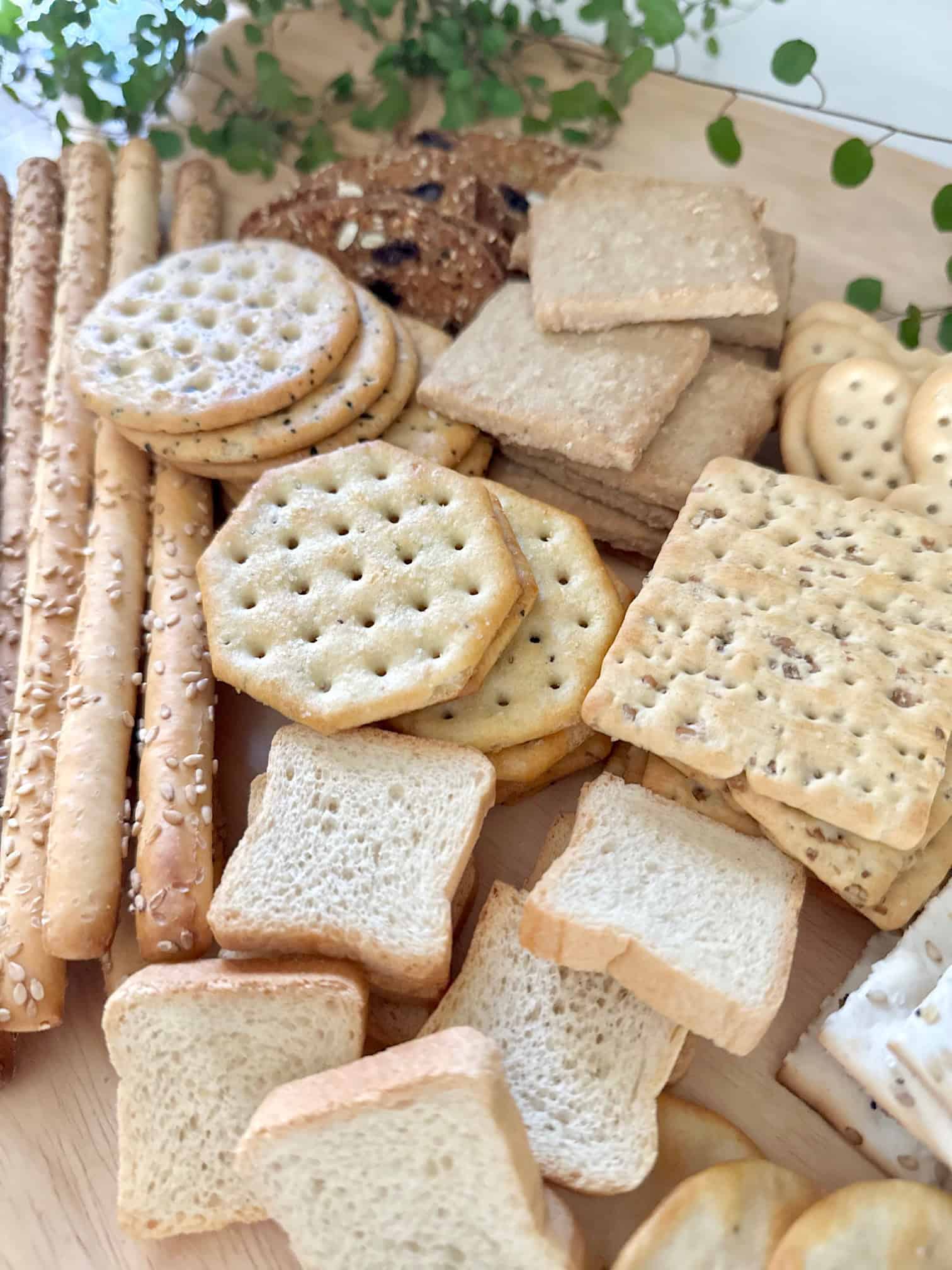Assorted crackers off a charcuterie board. 