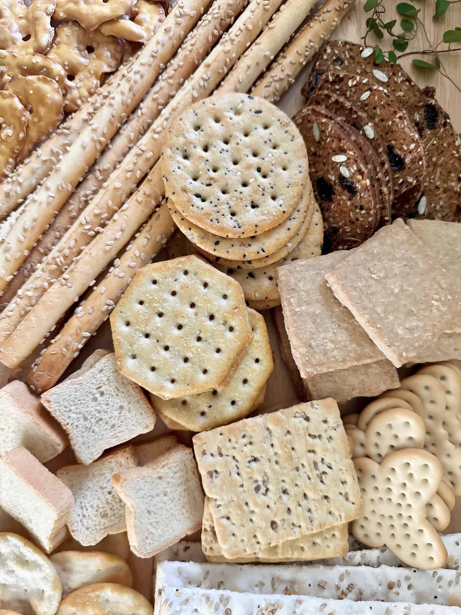 Crackers on a charcuterie board. 