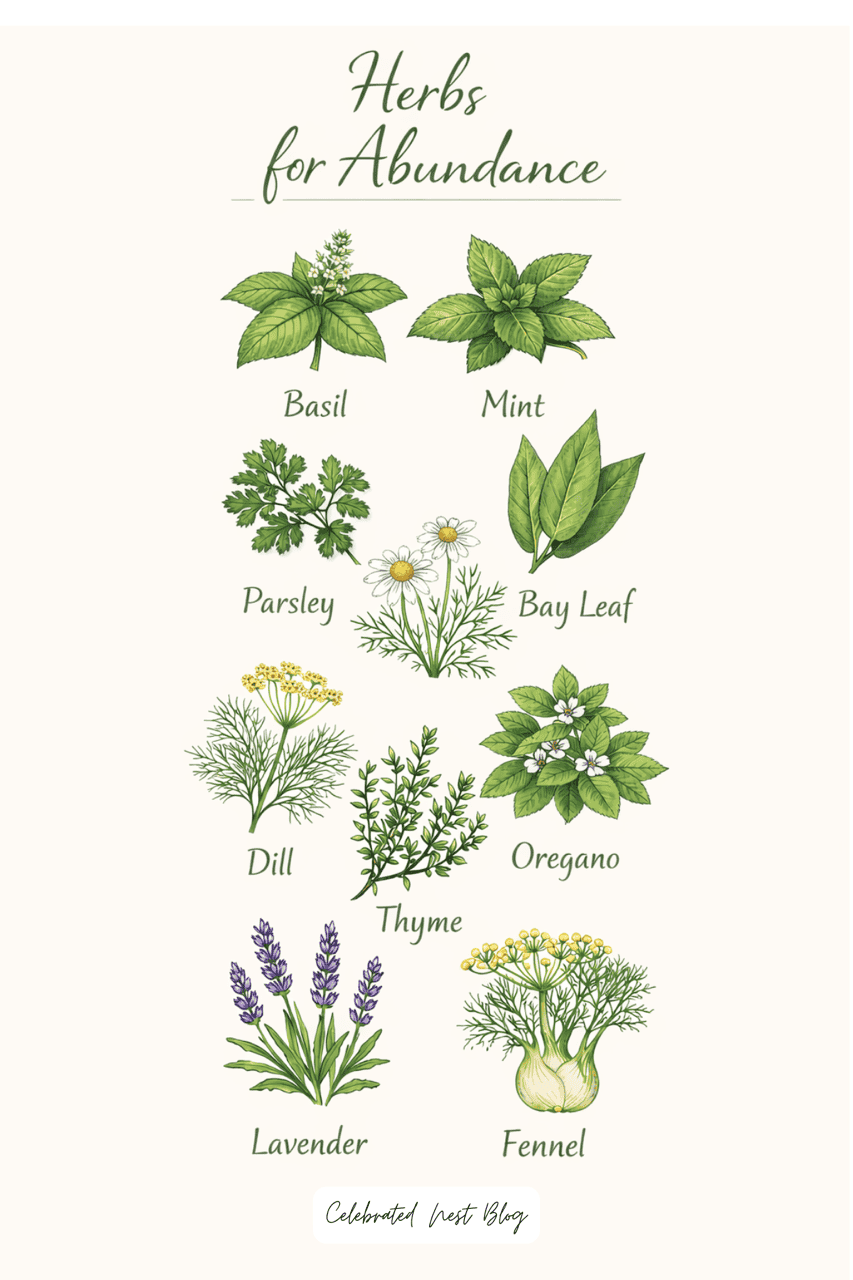 Herbs for abundance chart featuring ten abundant herbs. 