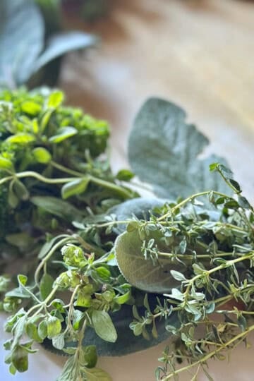 Fresh abundant herbs in a ring.