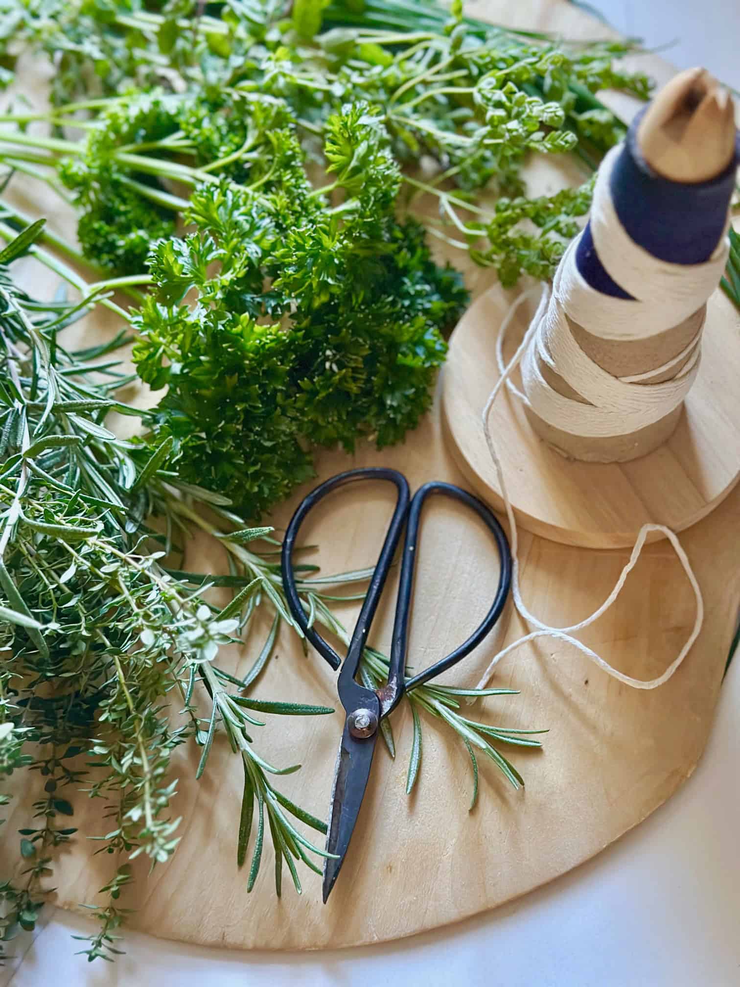 Small bundles of culinary herbs on a board.