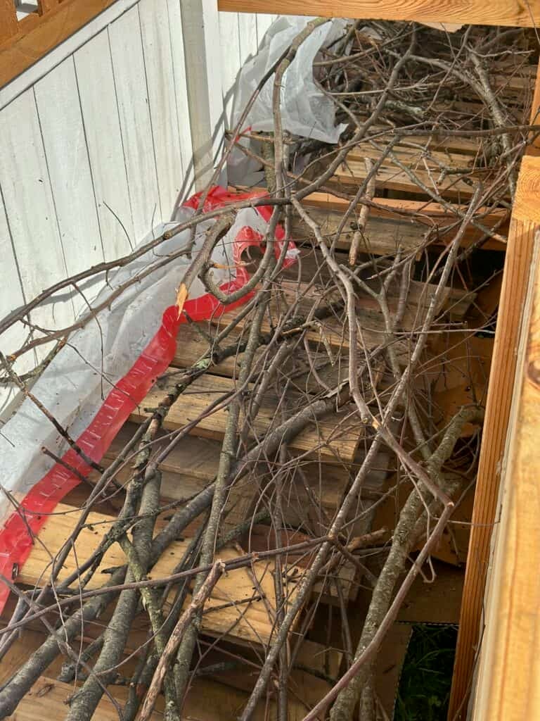 Sticks and debris at the bottom to assist with drainage and reduce the amount of soil we used.