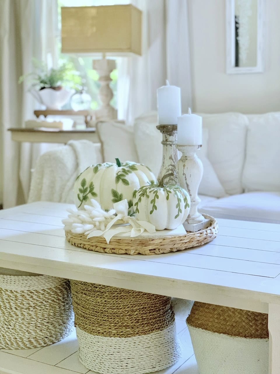 Salvaged column pieces as a candle display idea.