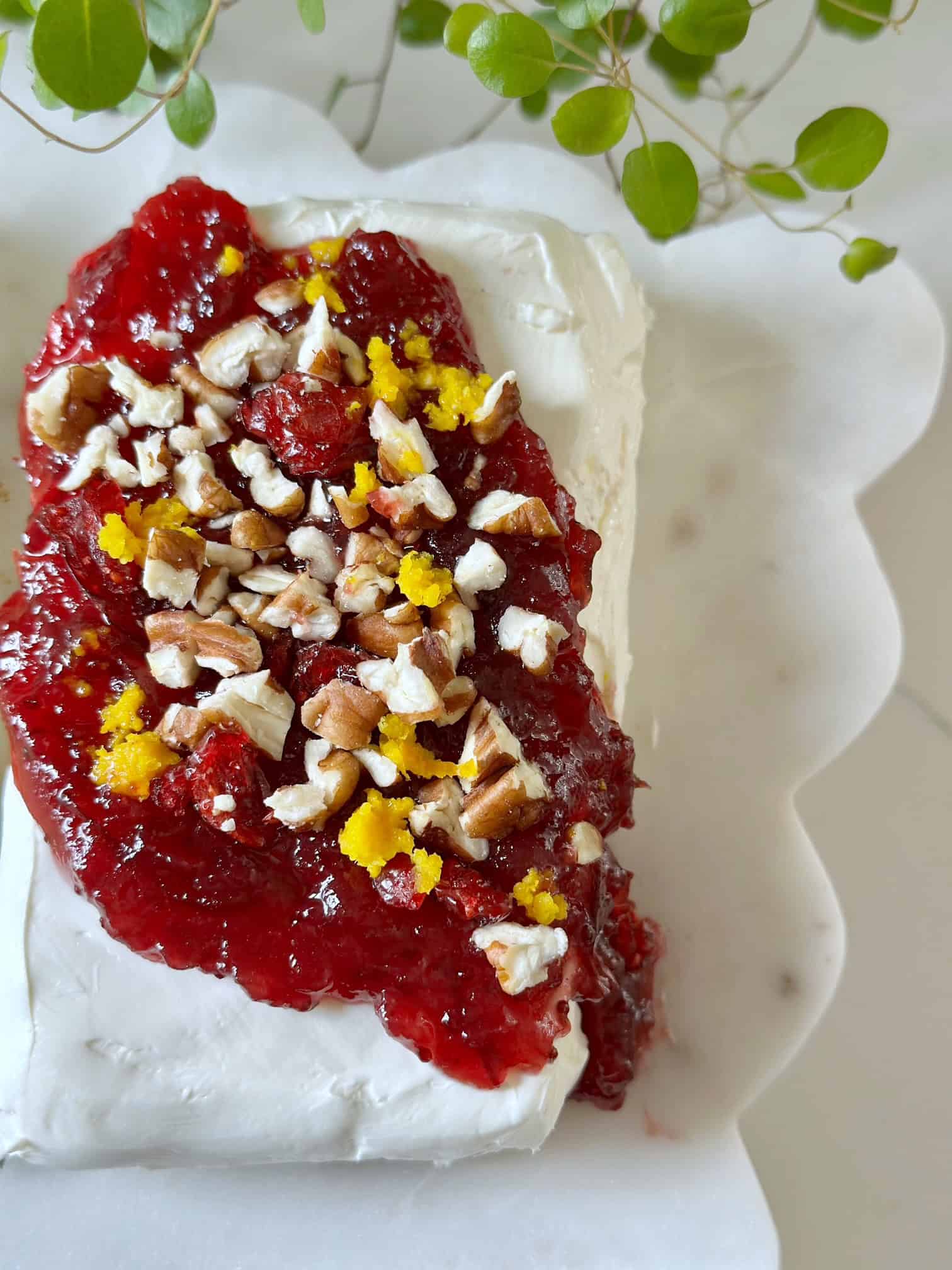 Cream cheese with cranberry sauce, orange zest and pecans. 