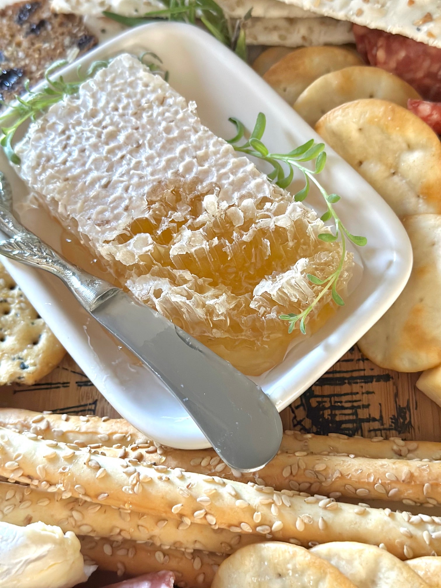 Honeycomb on a charcuterie board. 