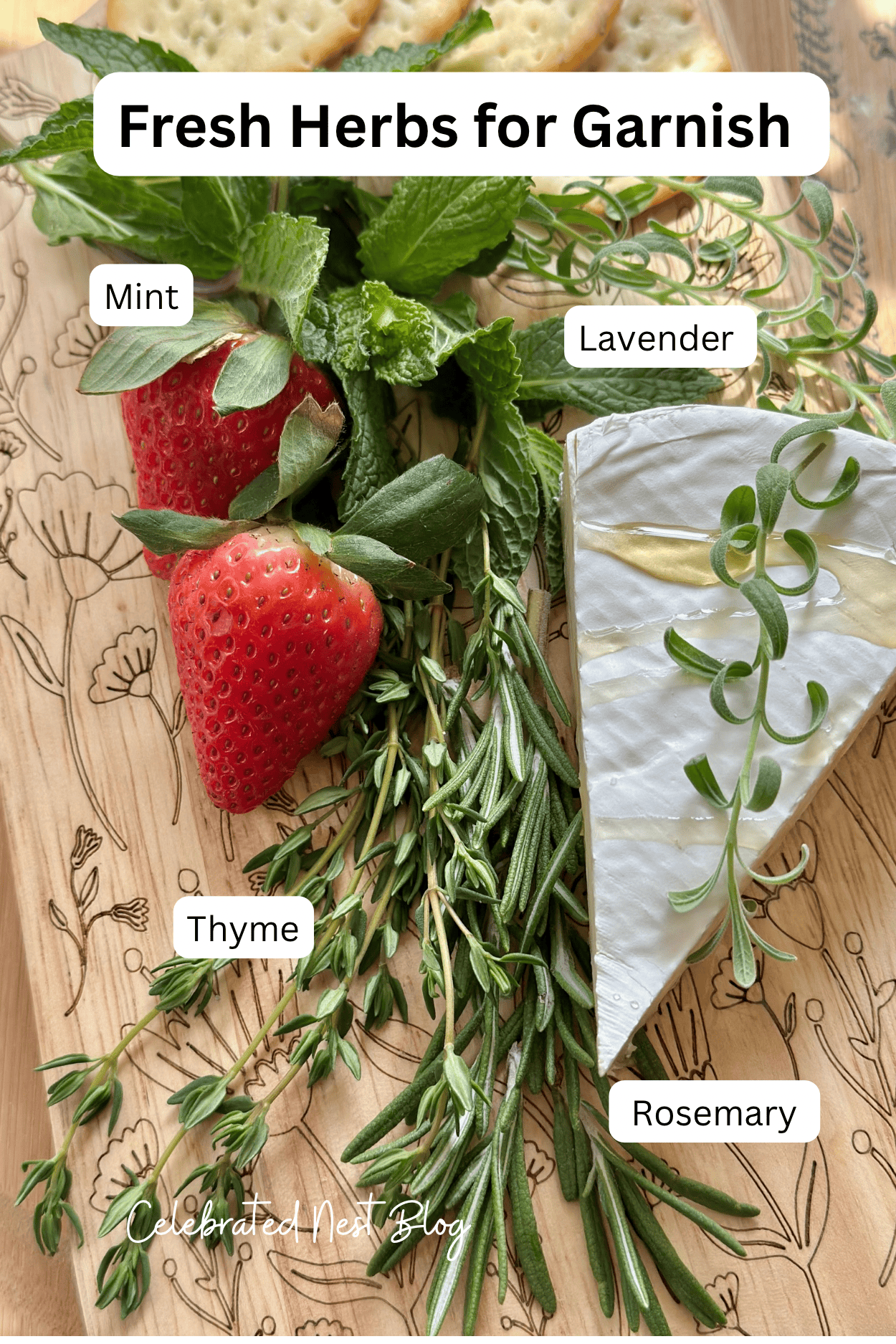 Fresh herbs labeled on a board. 