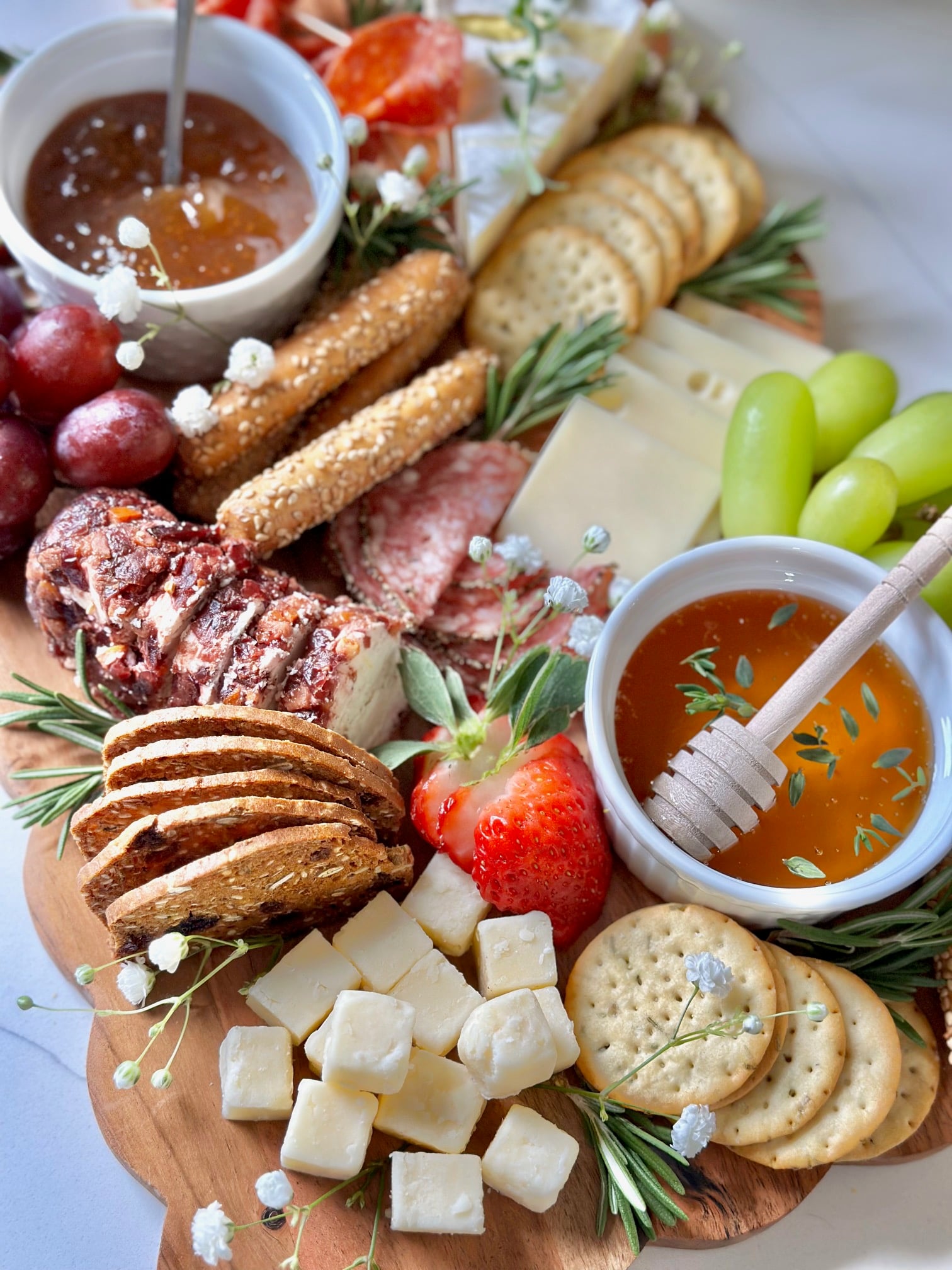 A full completed charcuterie board. 