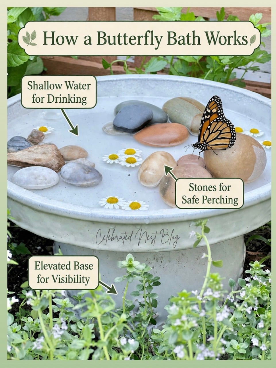 A how to labeled image for this butterfly bath project. 