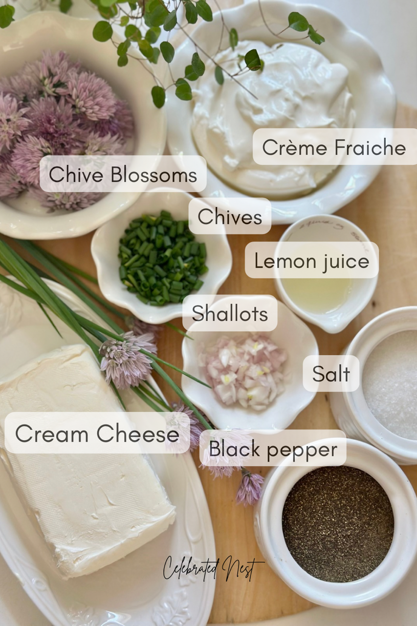 Labeled ingredients needed to make this chive dip. 