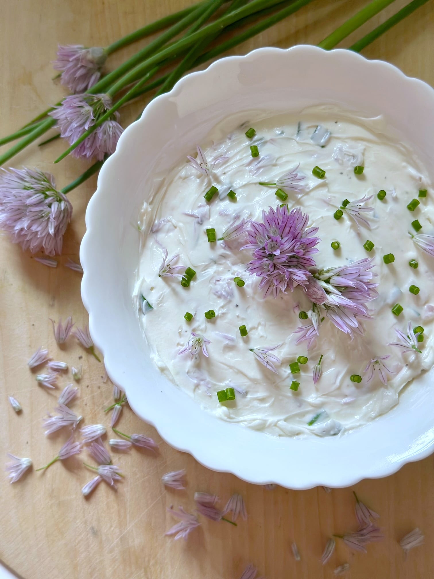 A beautiful fresh dip with chive greens and tiny lavender chive florets. 
