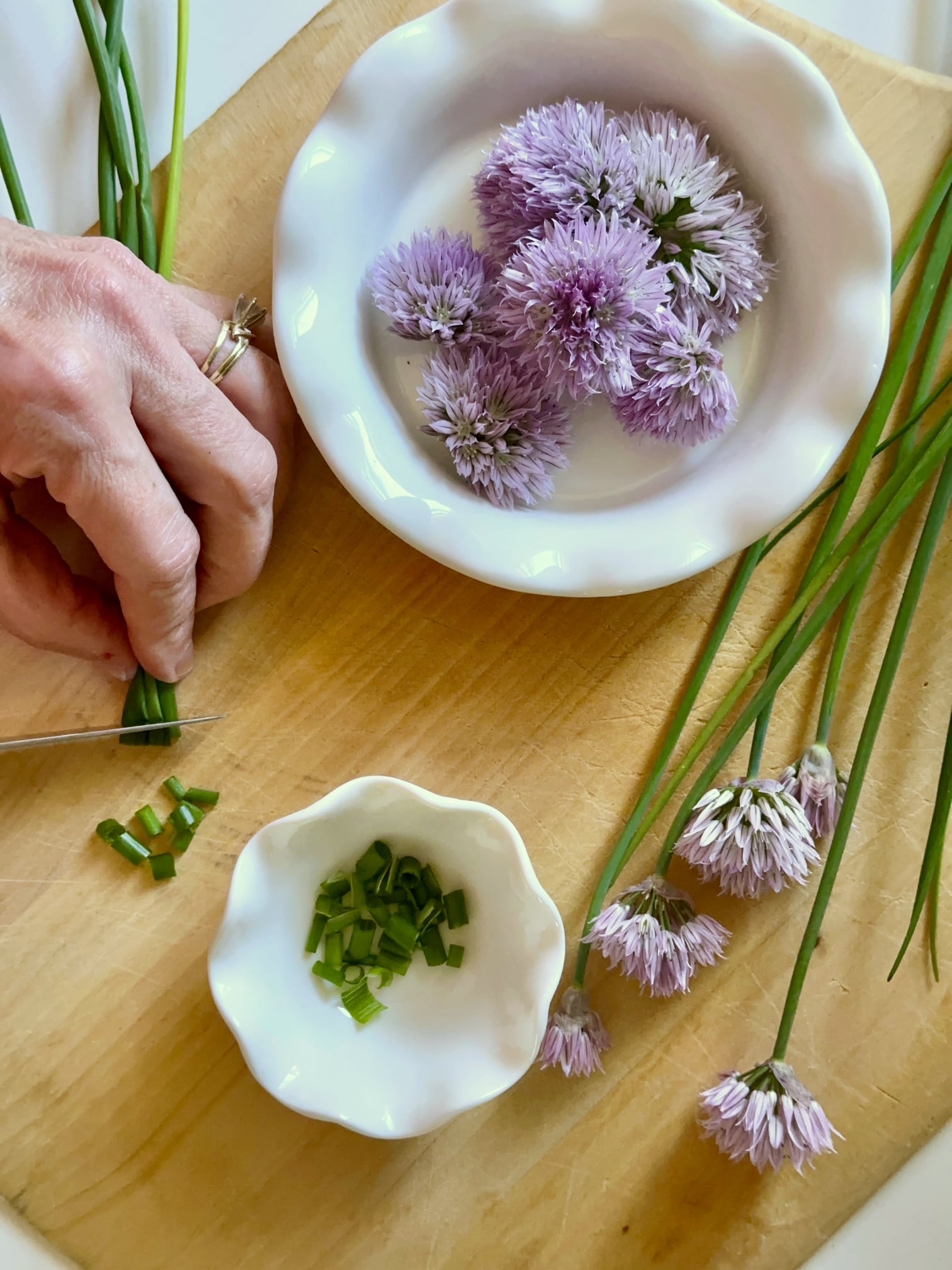 Chopping the chives for the dip. 