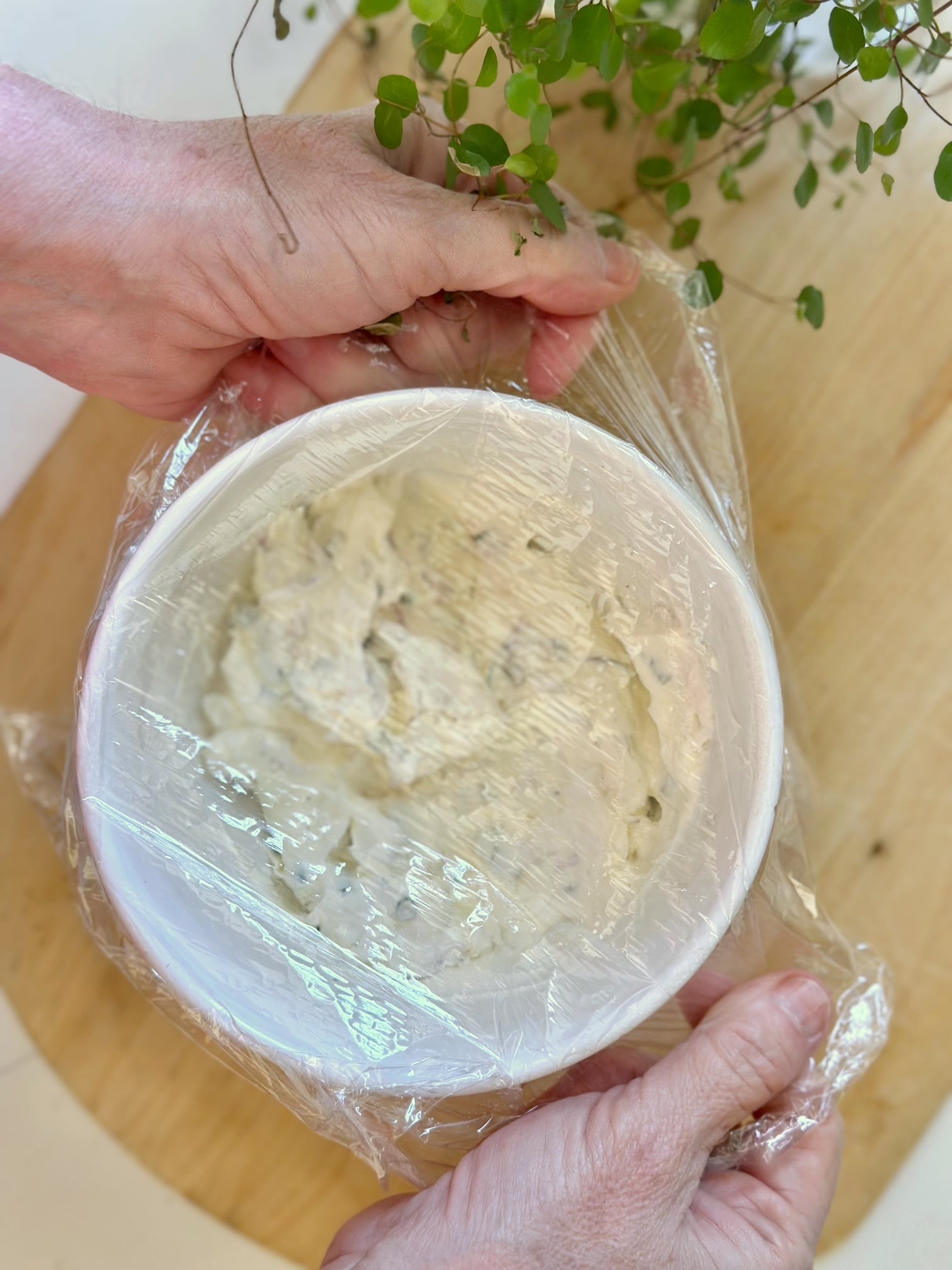 Wrapping the dip with seran wrap. 