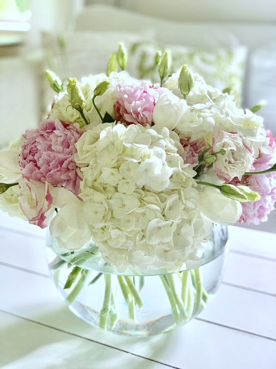 Beautiful arrangement with hydrangea and peonies. 