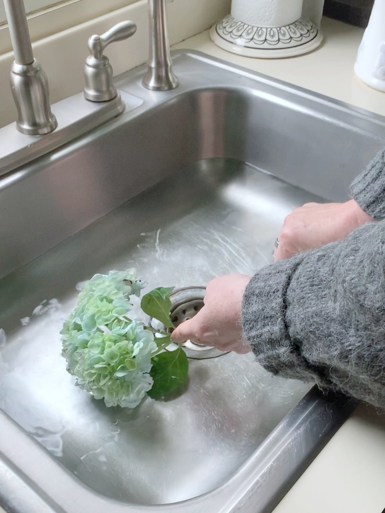 Placing a wilting hydrangea stem in a sink of water. 