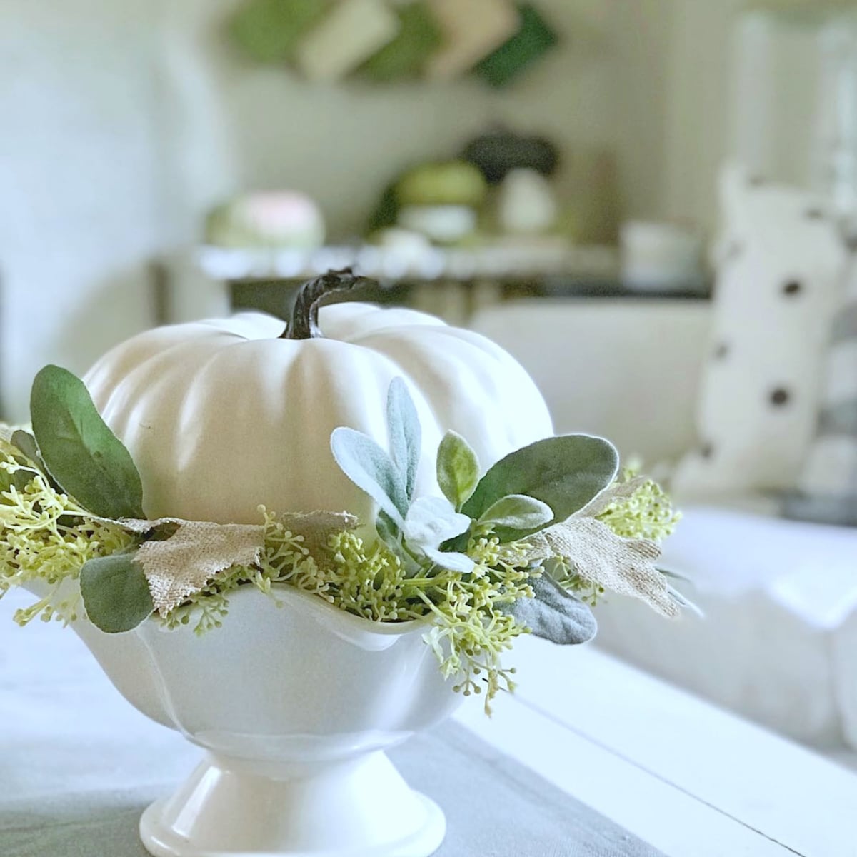 Large white pumpkin in a foot ceramic bowl.