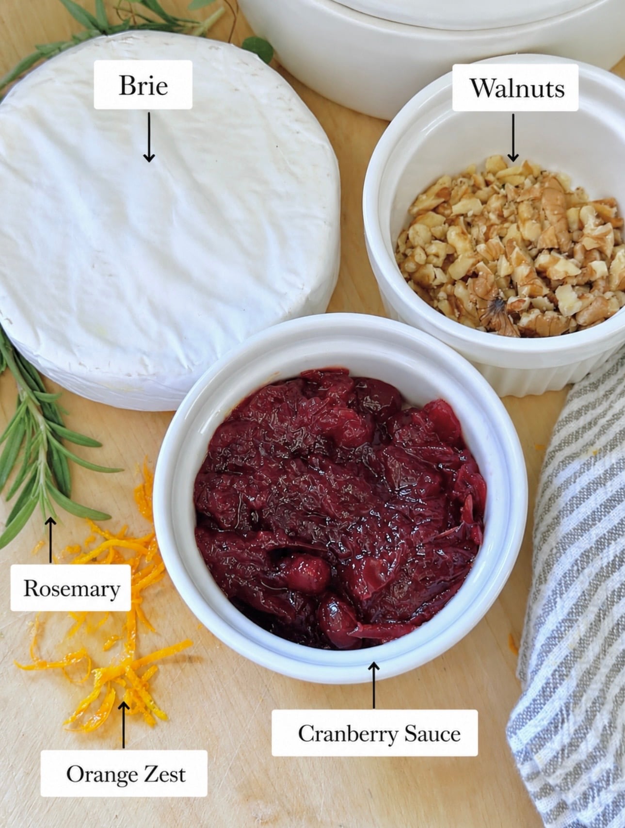Brie, cranberry sauce, orange zest, rosemary and walnuts.