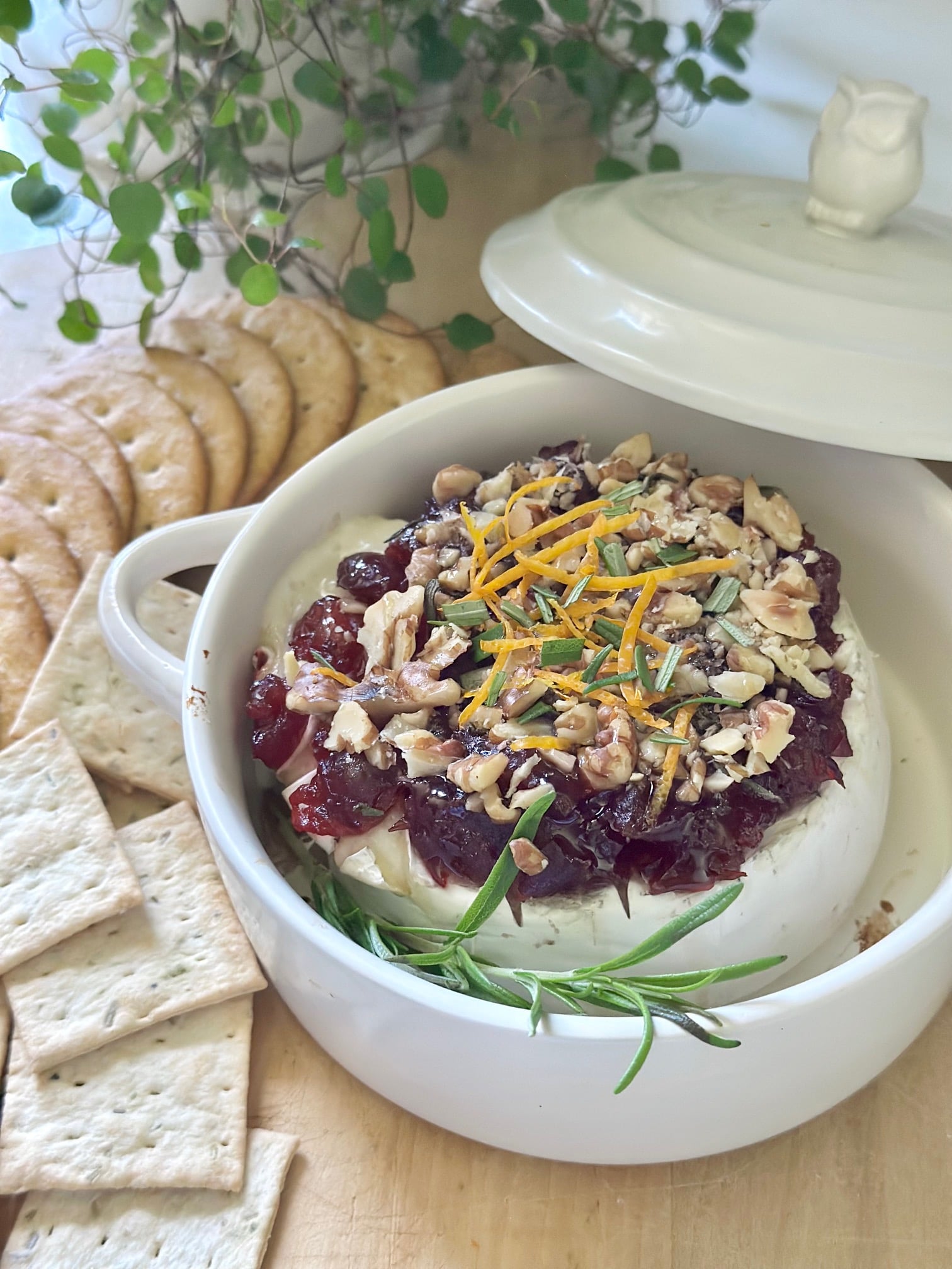 Baked brie with cranberries on a charcuterie board.