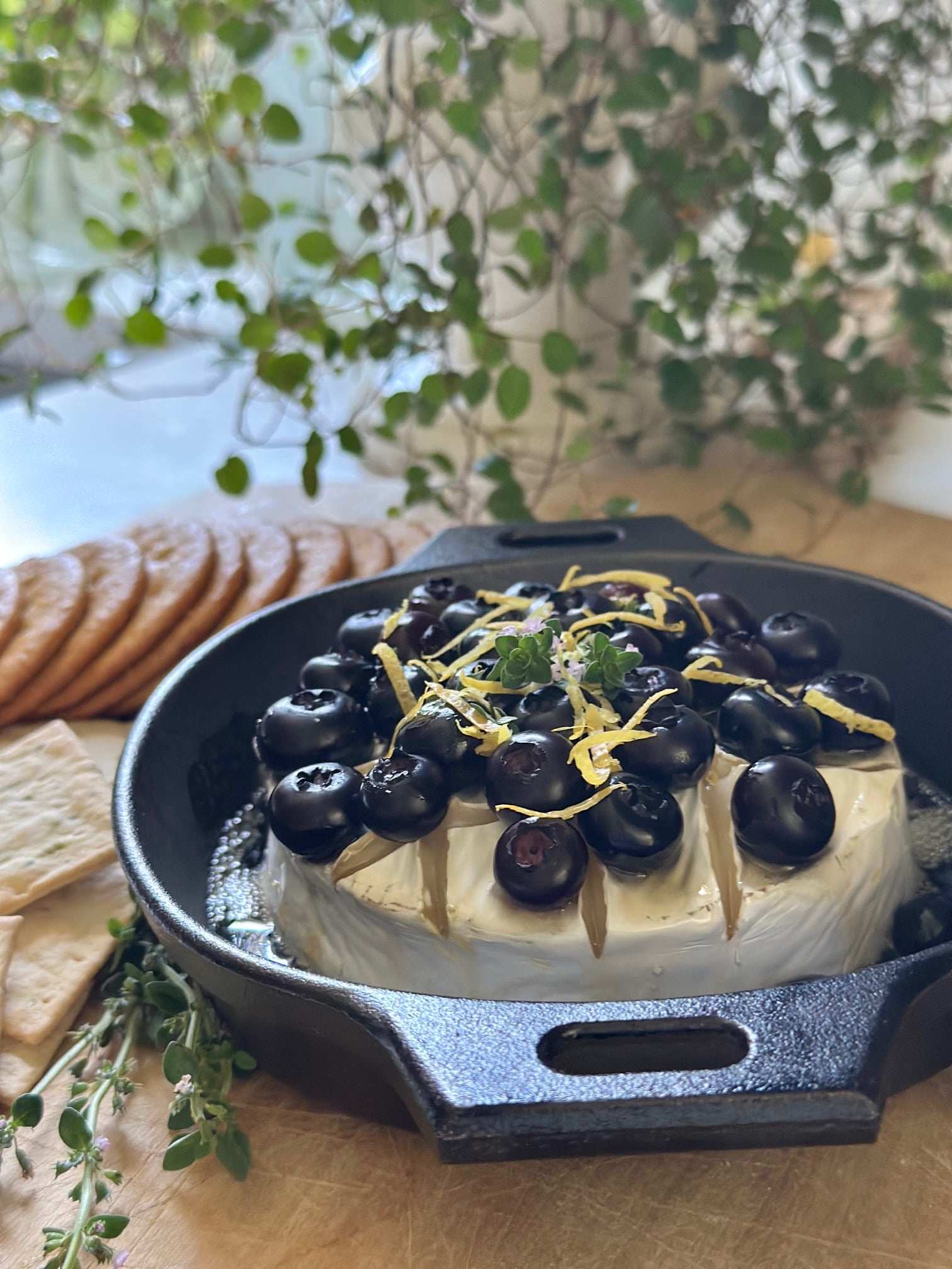 Blueberry baked brie in a small cast iron pan. 