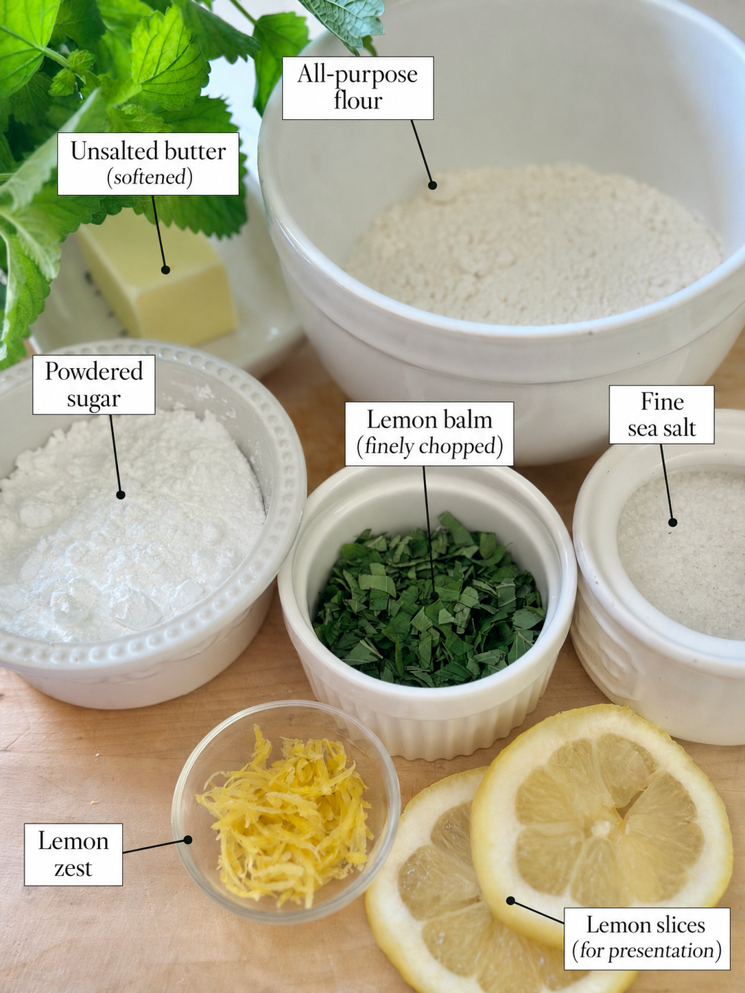 Labeled ingredients for these lemon balm cookies.