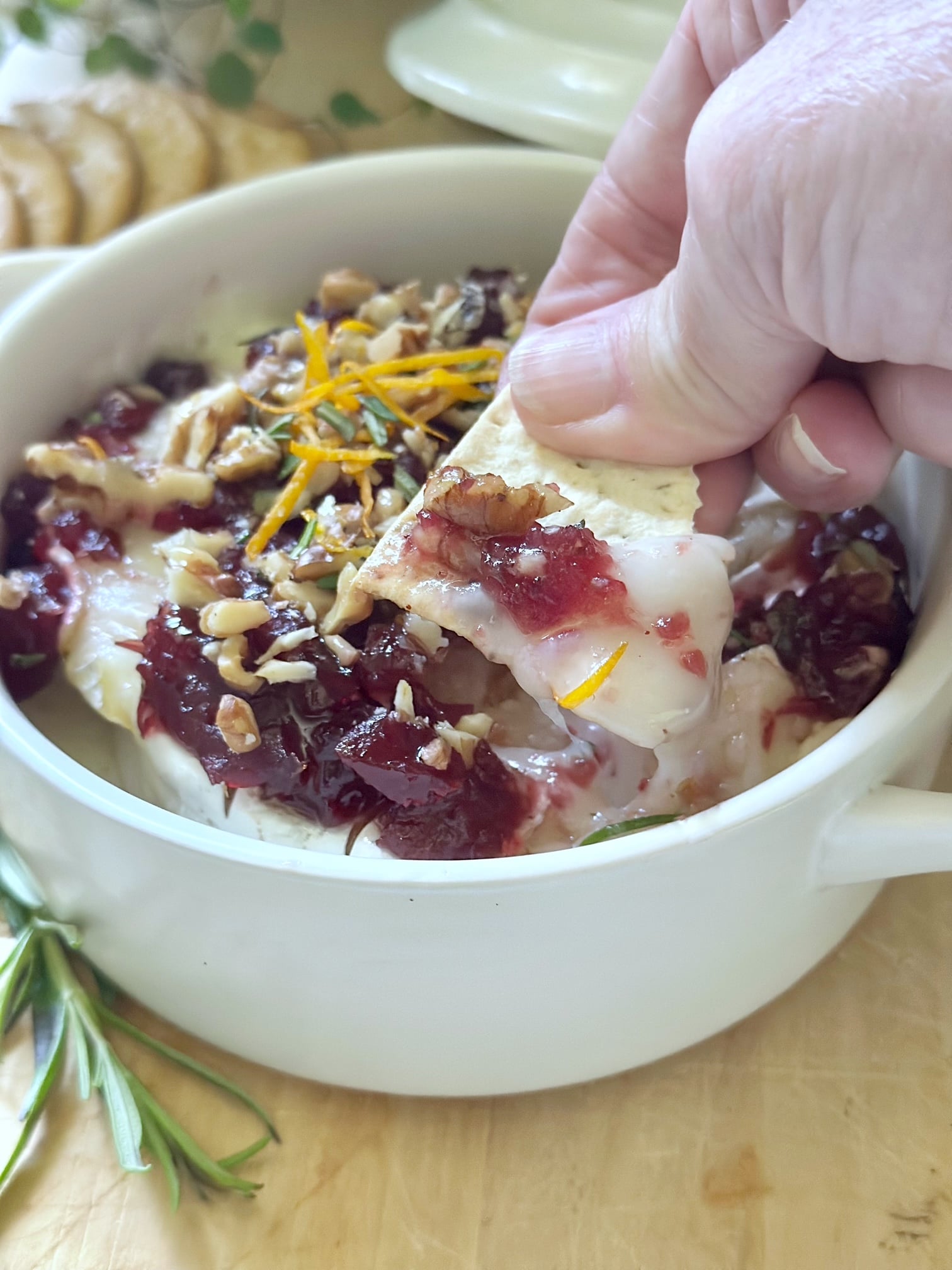 A scoop of baked brie with cranberry.