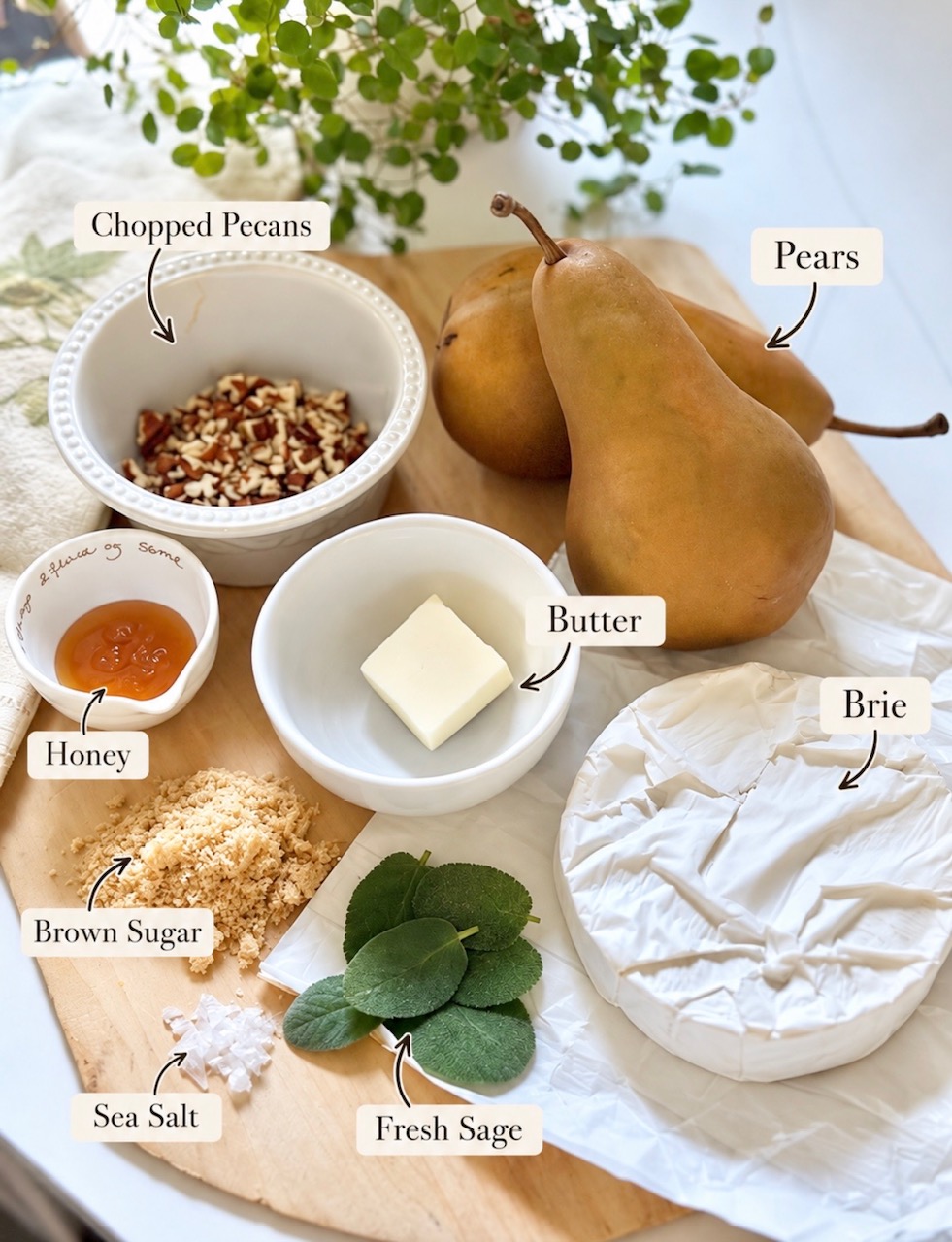 Labeled ingredients for this baked brie with pears recipe.